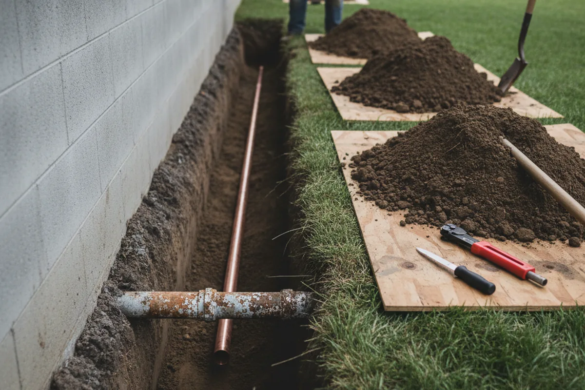 Excavated water line trench during Sewer Line Repair in Hamptonville